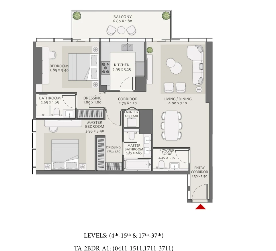Actual Tower A 2 Bedroom A1 developer floor plan, 1301.46 square feet total
