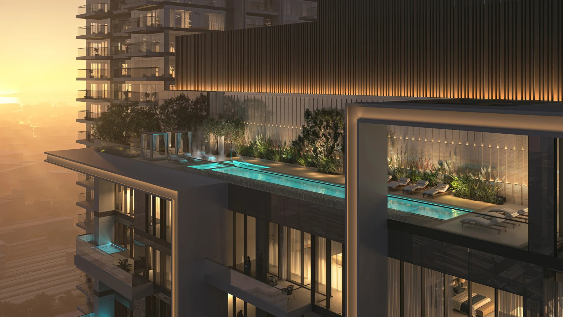 Tower B dedicated rooftop pool at sunset, artist’s impression
